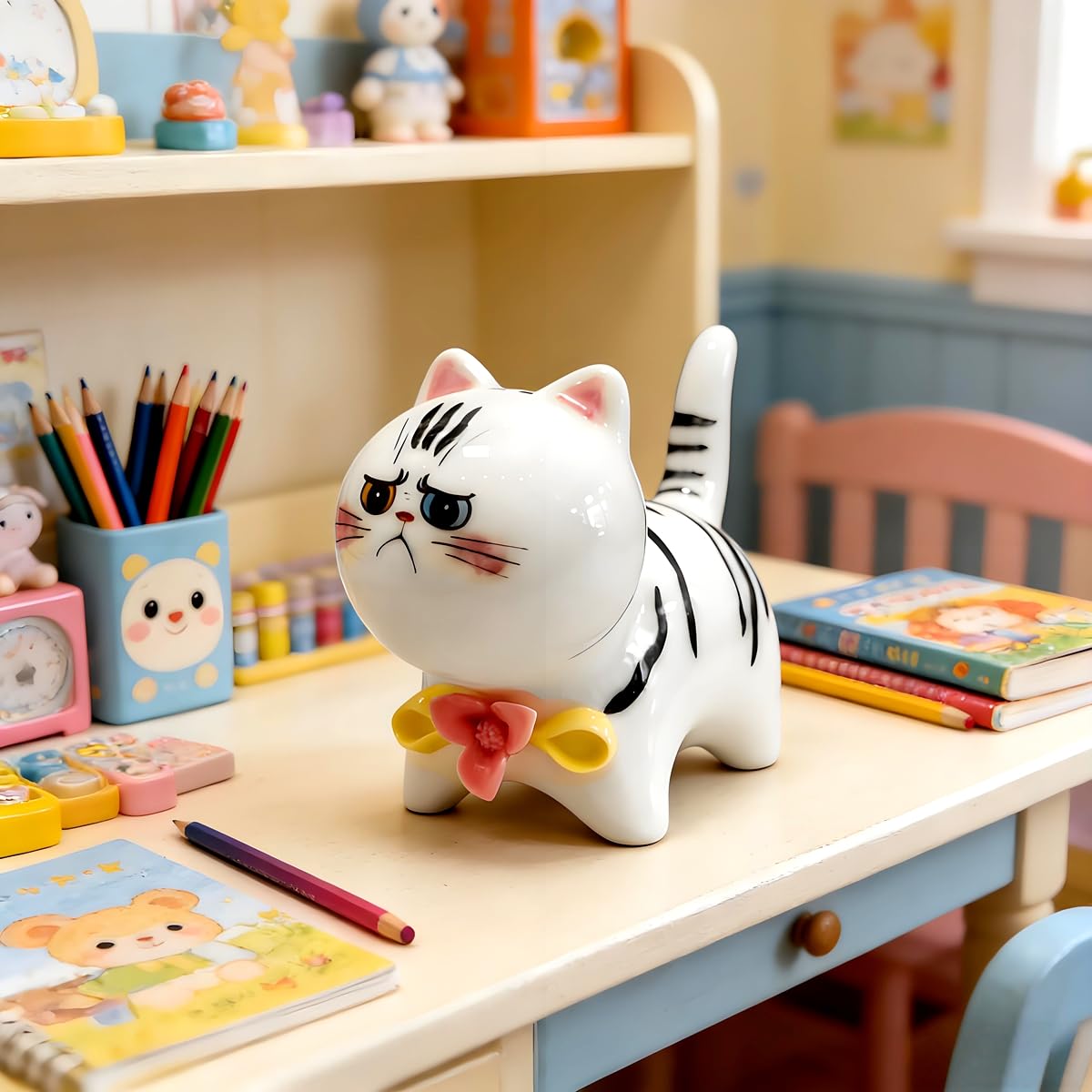 RiJinDuoJin Cute Lucky Healing Cat Themed Decorative, Handmade Ceramic Cat Figurine for Cat Lovers, Ideal for Desk, Bookshelf, Nightstand & Home Decor, for Mother’s Day, Easter, Birthday, Men & Women
