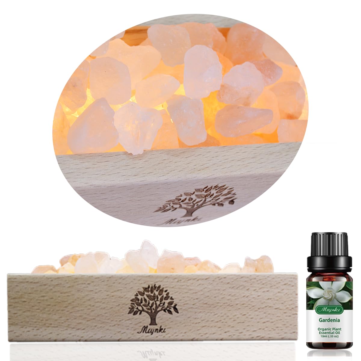 mlynkl Himalayan Pink Salt Lamp Diffuser with Wood Base - 300g Natural Salt, USB Powered, Warm Light & 10ml Gardenia Essential Oil Set for Aromatherapy, Relaxation, Meditation, Home Decor, Gifts