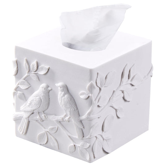 White Marble Relief Birds Square Tissue Box Cover Decorative,Resin Heavy Sturdy Tissue Box Holder, Facial Paper Holder for Bathroom Vanity Countertop, Bedroom Night Stand,Office and End Table
