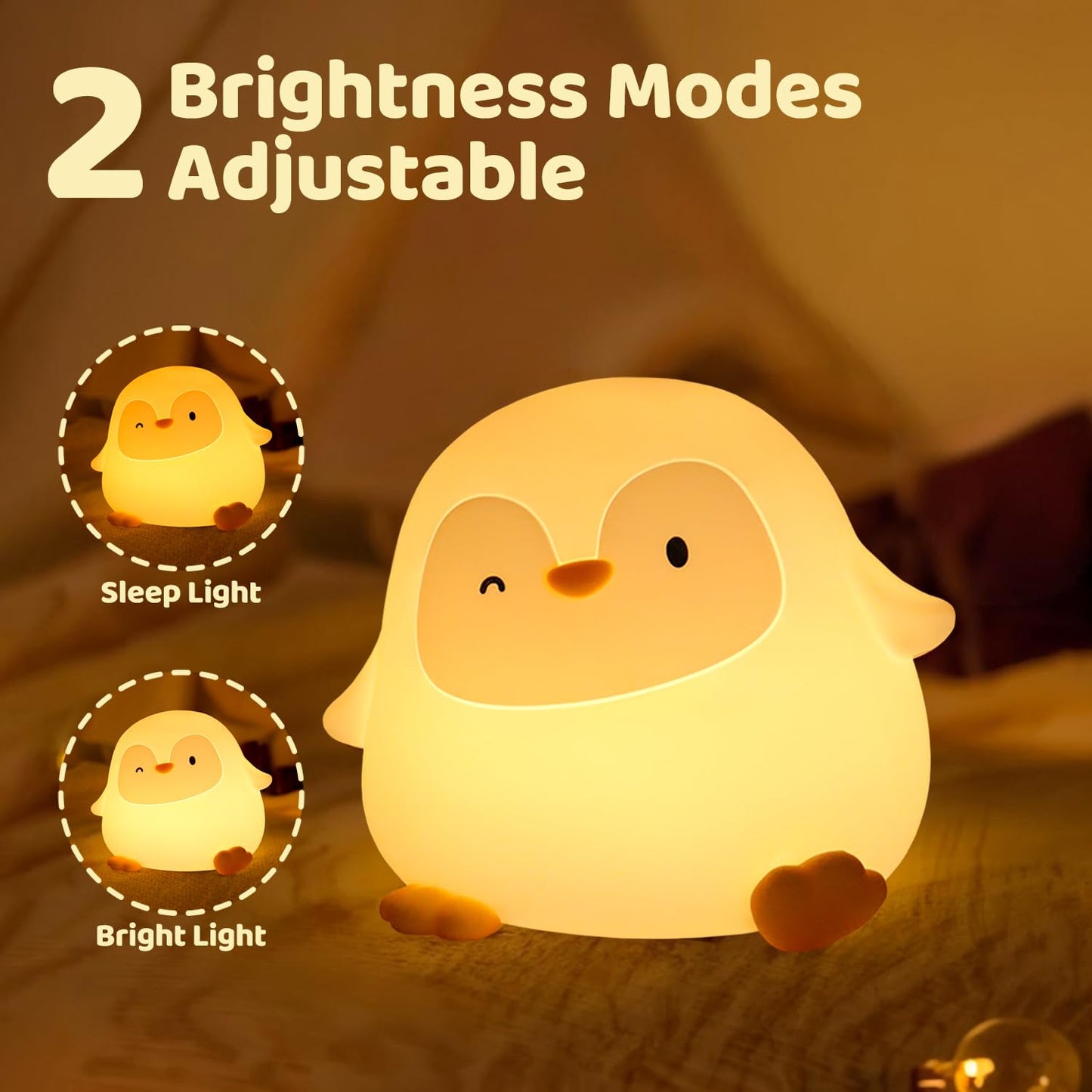 Rytinazzz Silicone Night Light for Kids, 50H Long Battery Penguin Lamp, Gift for Kids, Rechargeable Tap Control, Soft Dimmable Bedside Light with Timer