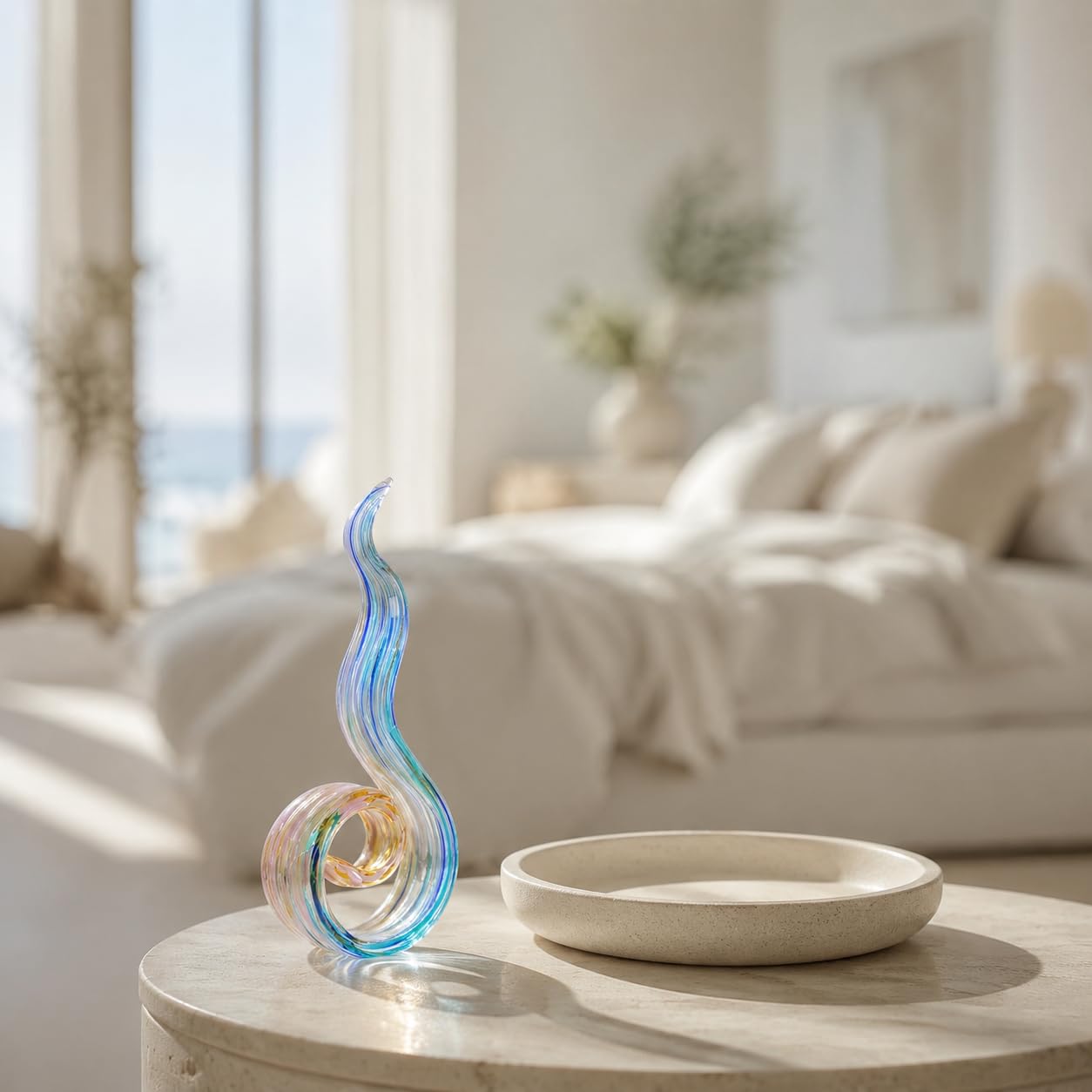WUBIANJIE Glass Sculptures Home Decor, Hand Blown Art Glass Statue, Abstract Wave Flame Figurine for Living Room Shelf Tabletop Entryway Decorative Indoor Accent