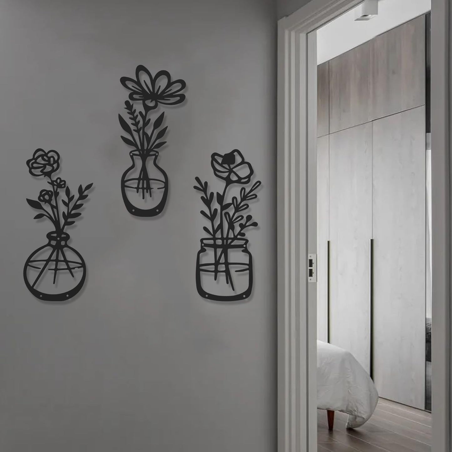 AMAATE 3Pcs Black Metal Flower Vase Wall Art Botanical Iron Farmhouse Decor