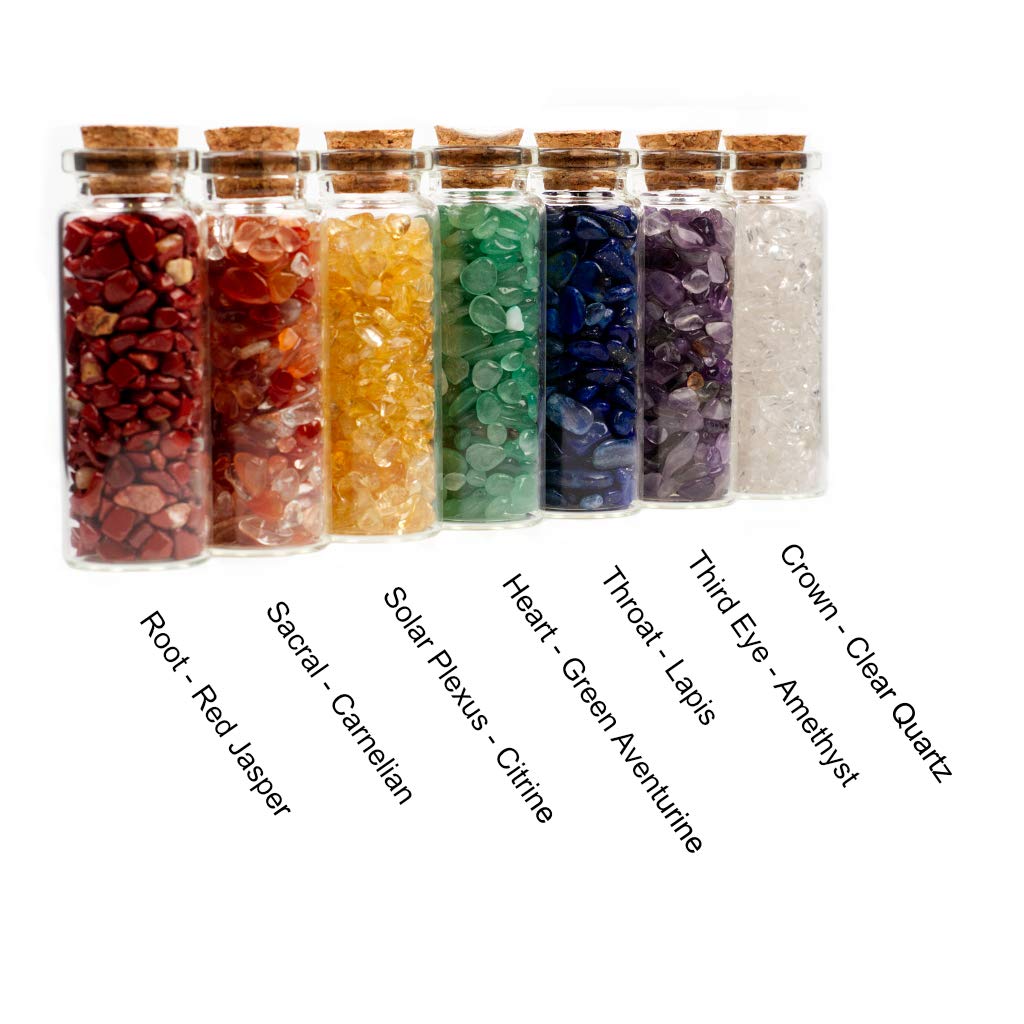 Cherry Tree Collection Crystals and Healing Stones Chakra Set - Mini Glass Bottles with Gemstone Chips - 7 Chakra Stones - Real Rocks and Crystals
