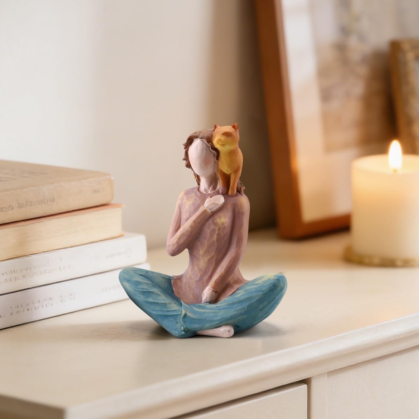 Yoga Girl with Cat Figurine, 5.1" Shelf Decor, Gift for Cat Lovers