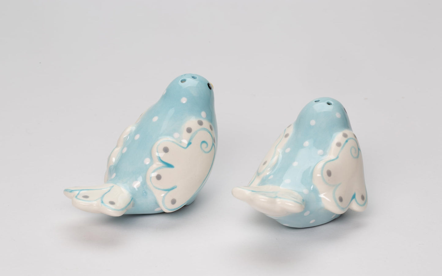 Fine Ceramic Lovebird Bluebird Pastel Baby Blue Bird with White Wings and White Polka Dots Design Salt and Pepper Shakers Set, 3-5/8" L