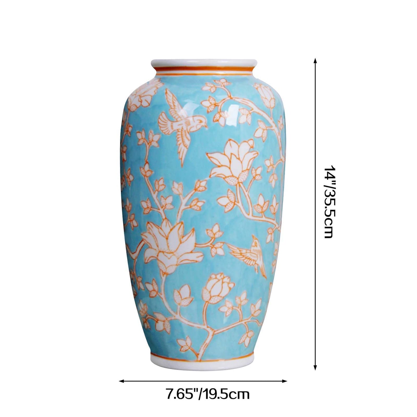 Blue and White Chinoiserie Ceramic Vase, 14 Inch Chinese Style Hand Painted Flower & Bird Art Decor Vase Antique Floral Vase for Living Room, Farmhouse, Table Centerpiece