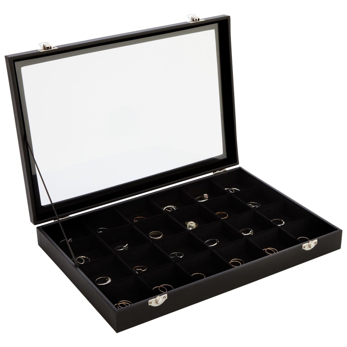 Juvale Black Velvet Jewelry Display Tray Organizer Case - Jewelry Display for Vendors w/Glass Cover - 24 Slot Tray with Removable Grids - Crystal & Rock Collection Box - Black 14 x 9.5 x2 in