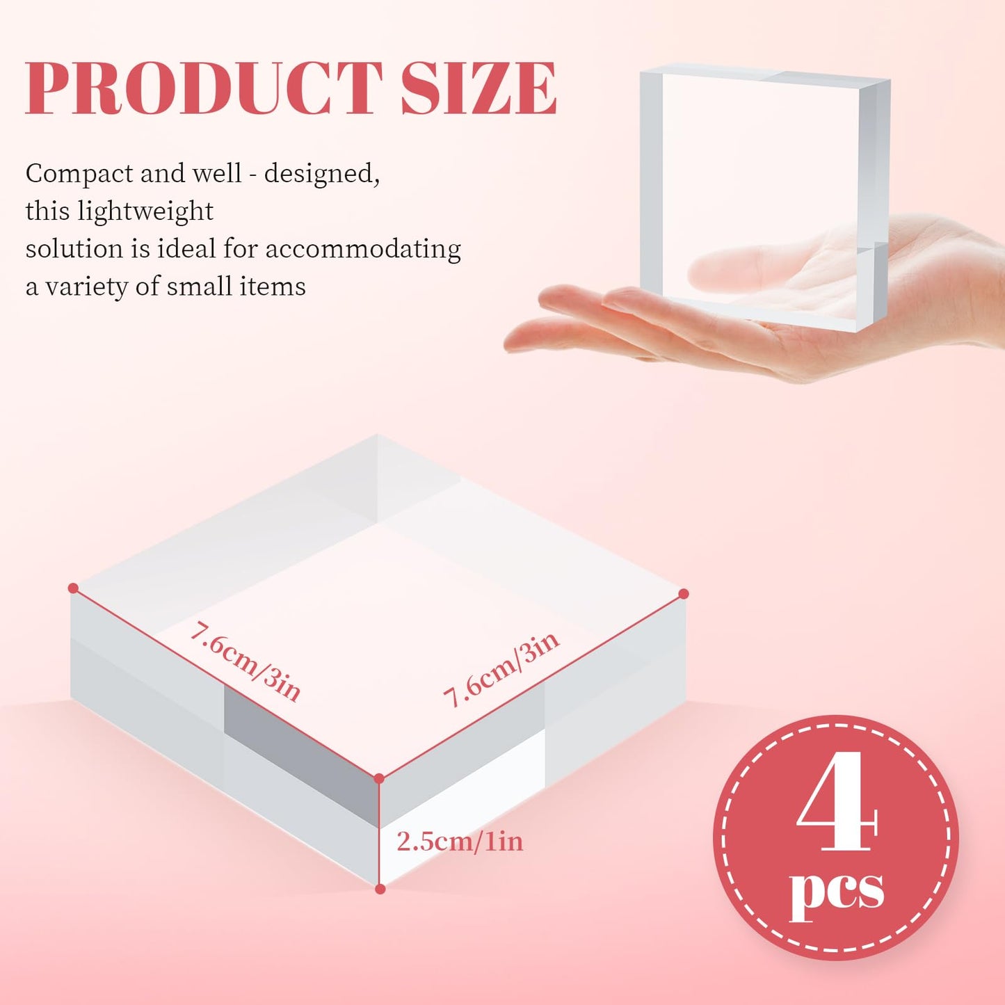 BestYiJo Square Acrylic Display Block 4 Pieces, 3 X 3 X 1 Inch Clear Polished Acrylic Blocks for Jewelry, Rings (3 * 3 * 1 inches)