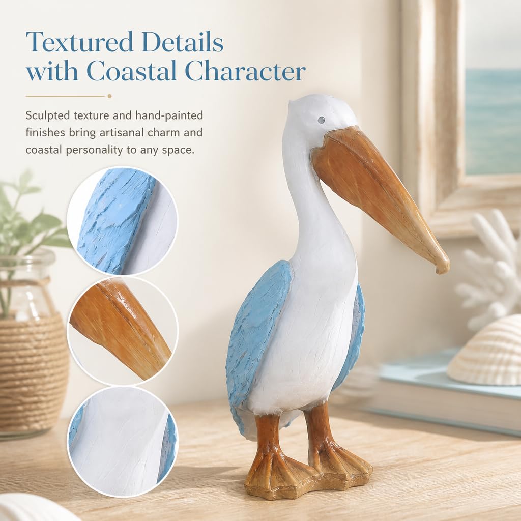 Delicate Moment Coastal Pelican Decor Figurine, Resin Nautical Beach Bird Statue, Ocean Style Home Ornament for Shelf Desktop Mantel Decoration Gifts