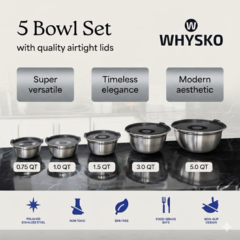 WHYSKO Stainless Steel Mixing Bowls with Lids Set - 5 Rustproof Metal Nesting Mixing Bowls Set for Kitchen, Meal Prep, Baking, Cooking, Storage, Dishwasher Safe - .75, 1, 1.5, 3 and 5 qt bowls