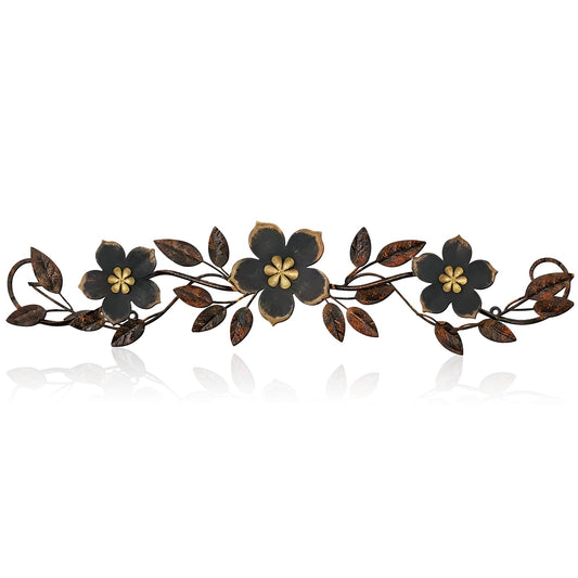 Wesiti Metal Flower Wall Decor Vintage Metal Flower Wrought Iron Scroll Sculpture 15.7''x3.7'' Not 3D, Flat Farmhouse Leaf Wall Decor with Nails for Summer Bedroom Kitchen Indoor Outdoor(Black)