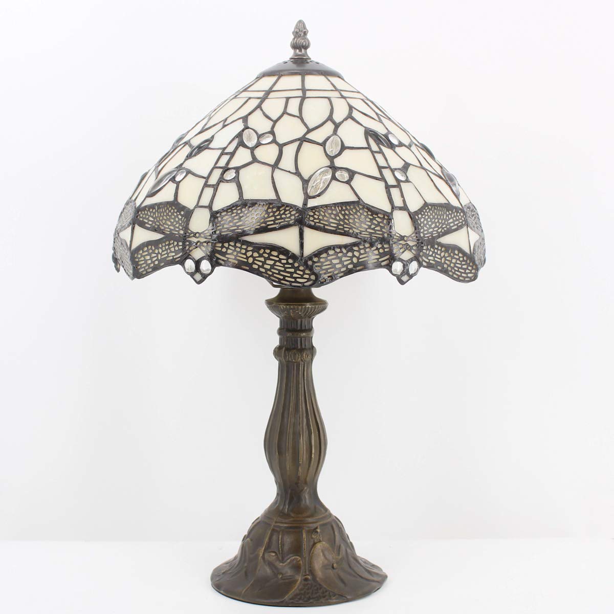 WERFACTORY Tiffany Lamp Cream Stained Glass Dragonfly Bedside Table Lamp