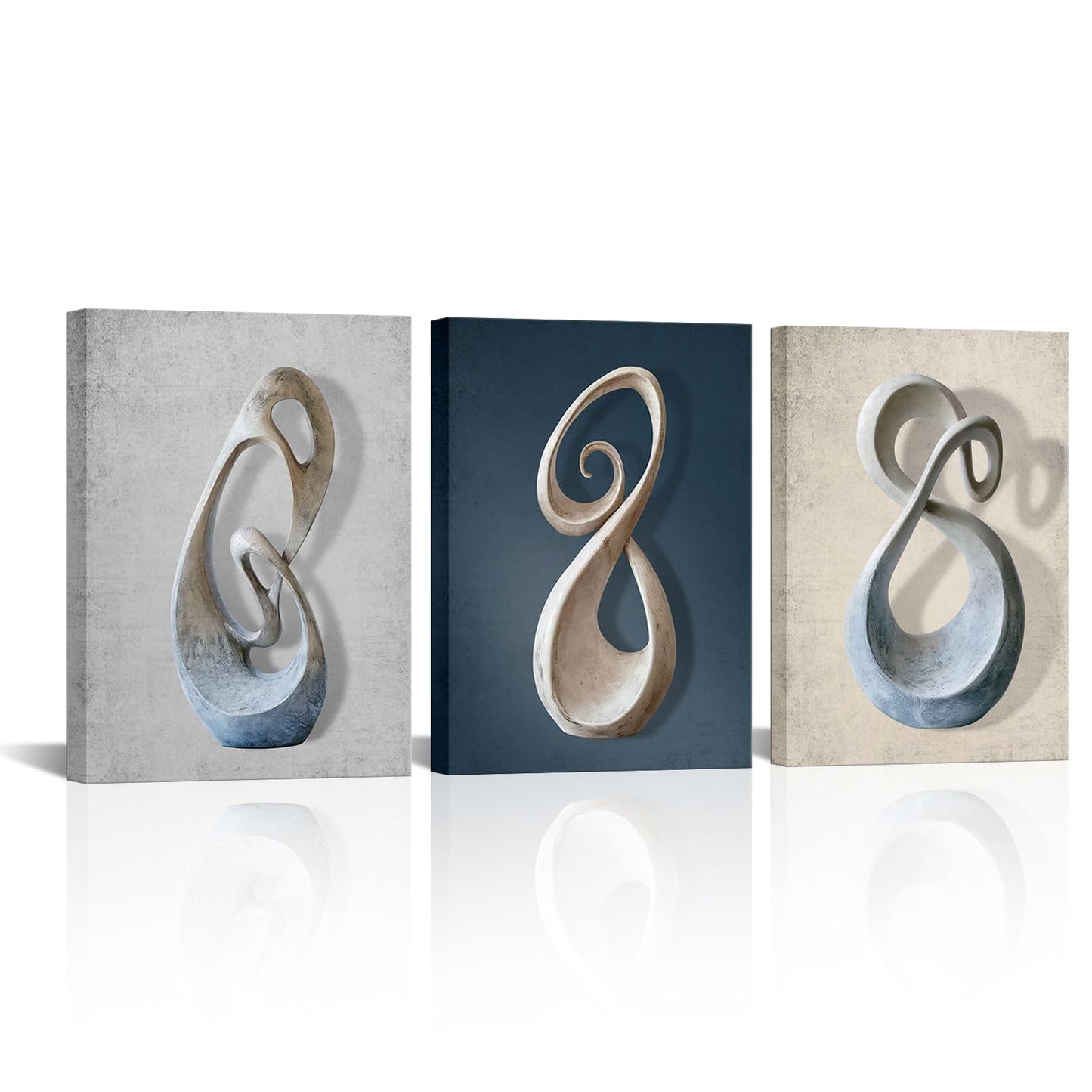 Biuteawal 3 Piece Grey Blue Sculpture Picture Abstract Geometry Canvas Wall Art Blue Print Painting Wall Artwork for Bedroom Office Living Room Decoration