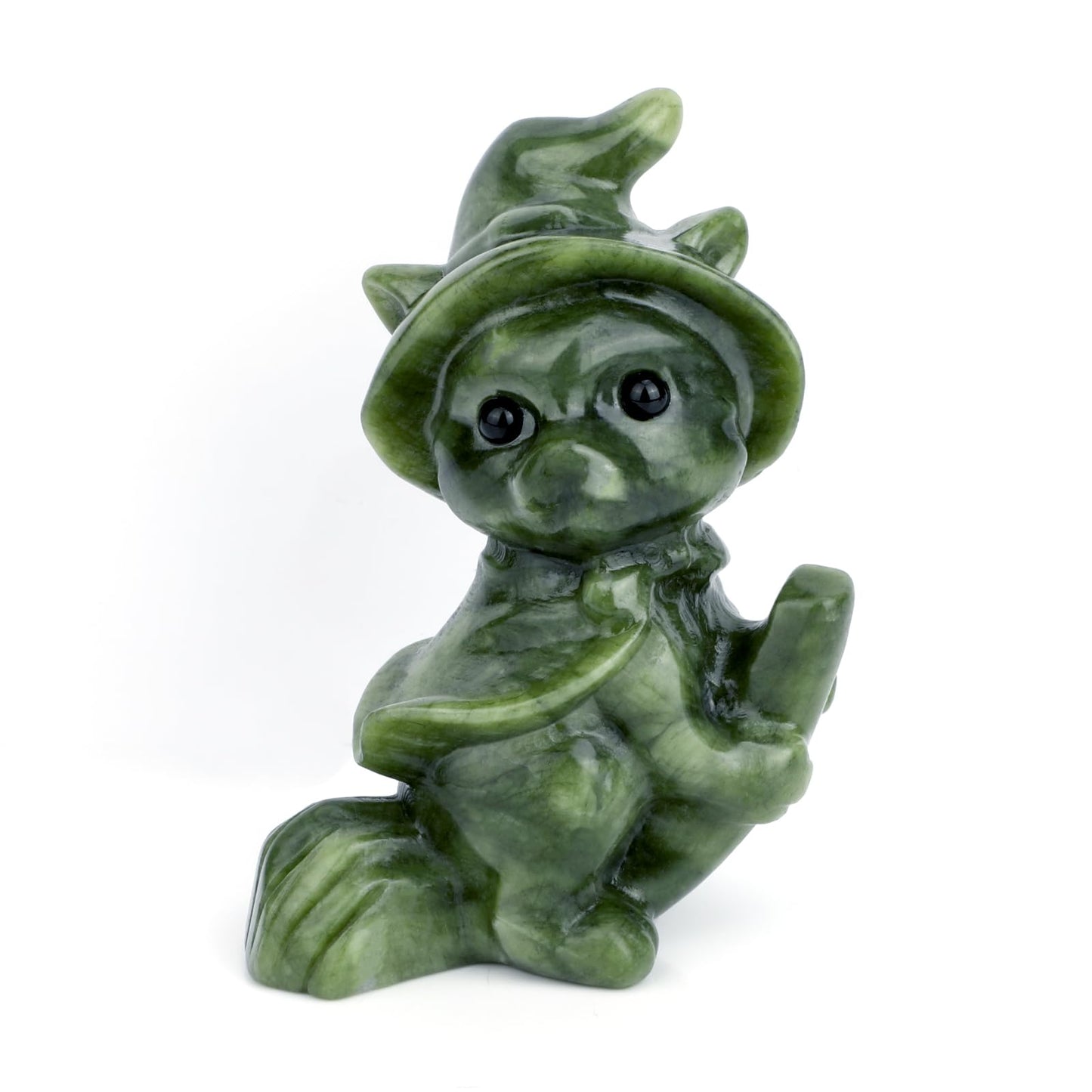 gemshan Green Natural Jade Witch Kitten Hand Carved Art Animal Figurine for Home Office Decoration with Luck