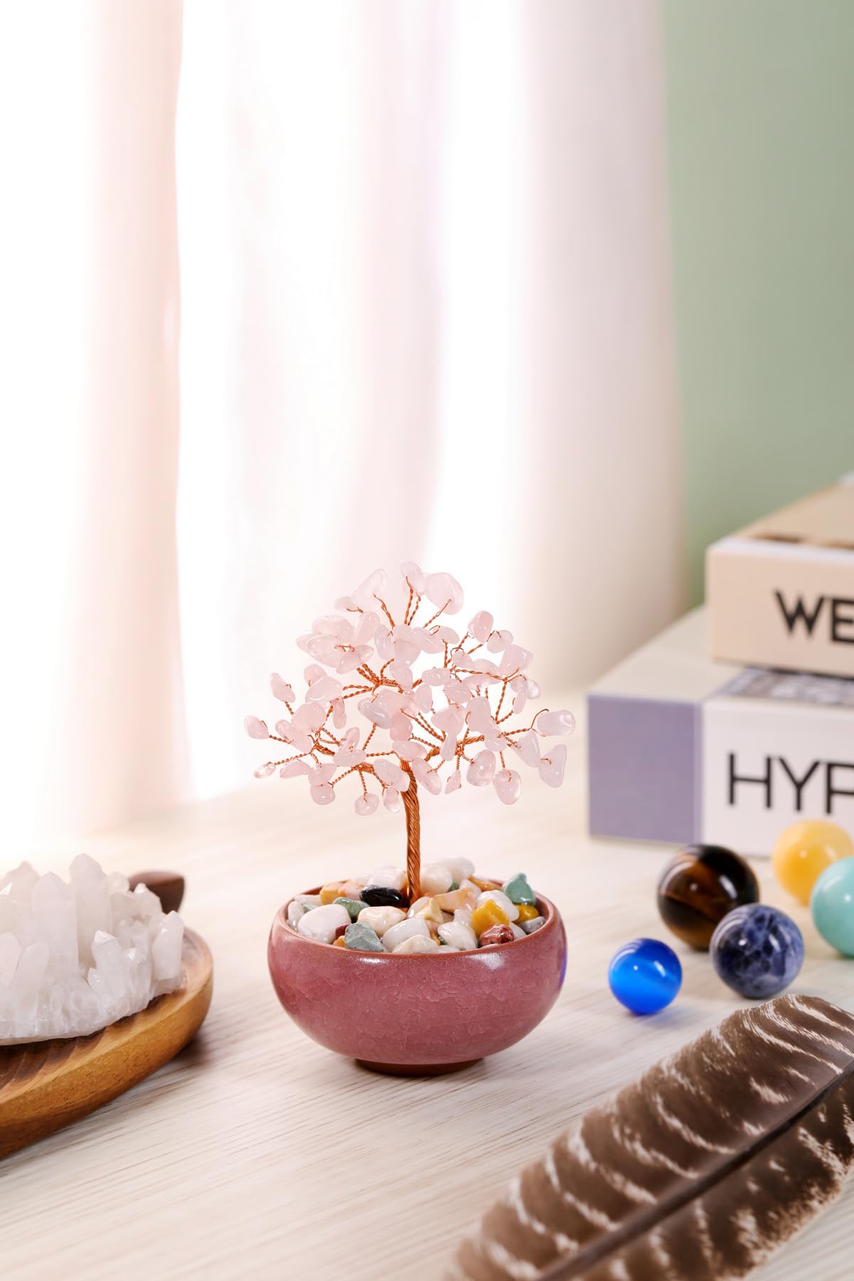 GEHECRST Rose Quartz Crystal Tree Natural Healing Crystals Gemstone Tree with Ceramic Base Handmade Stone Feng Shui Bonsai Money Trees for Wealth Good Luck Home Office Decor Crystal Gifts