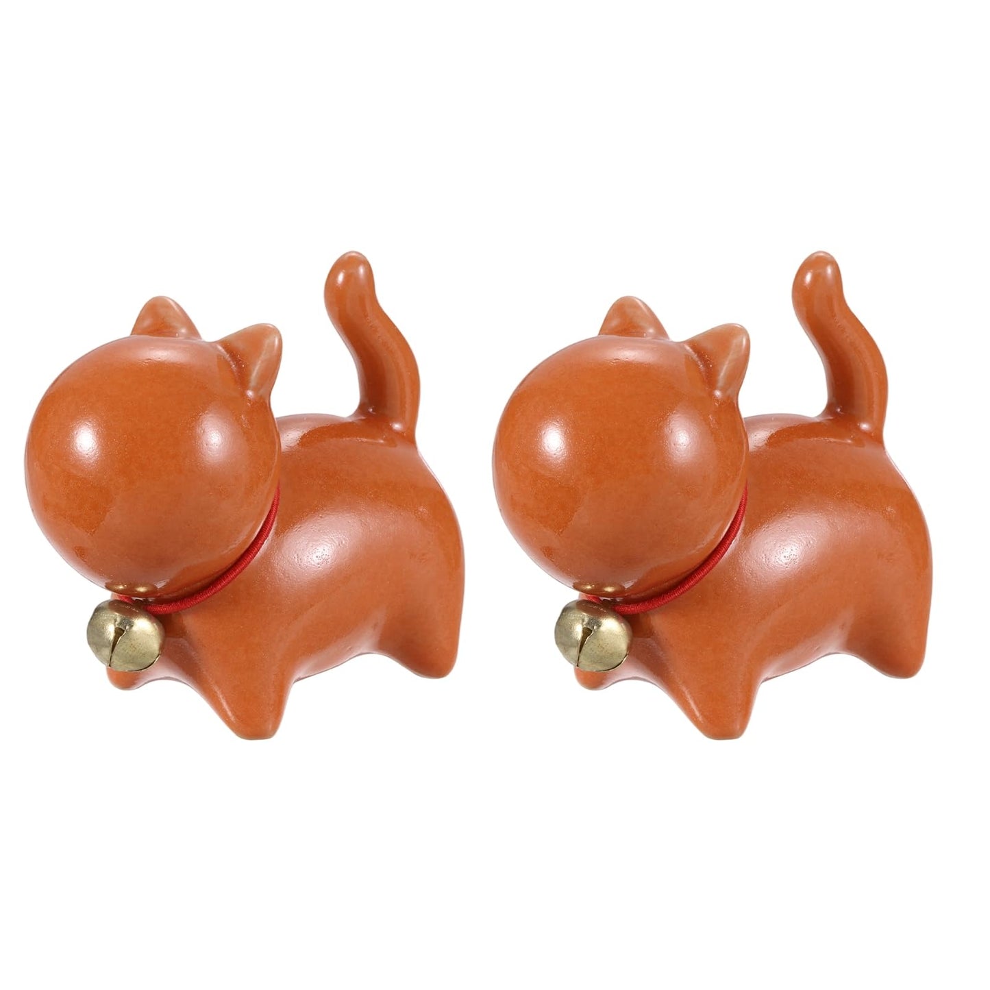 uxcell 2 Pcs Ceramic Lucky Cat Tea Pet, 2.5x1.3x2.2 Cute Funny Handmade Cat Tea Figurine with Bell Collar for Home Office Tea Room Desktop Decorations Gifts, Orange