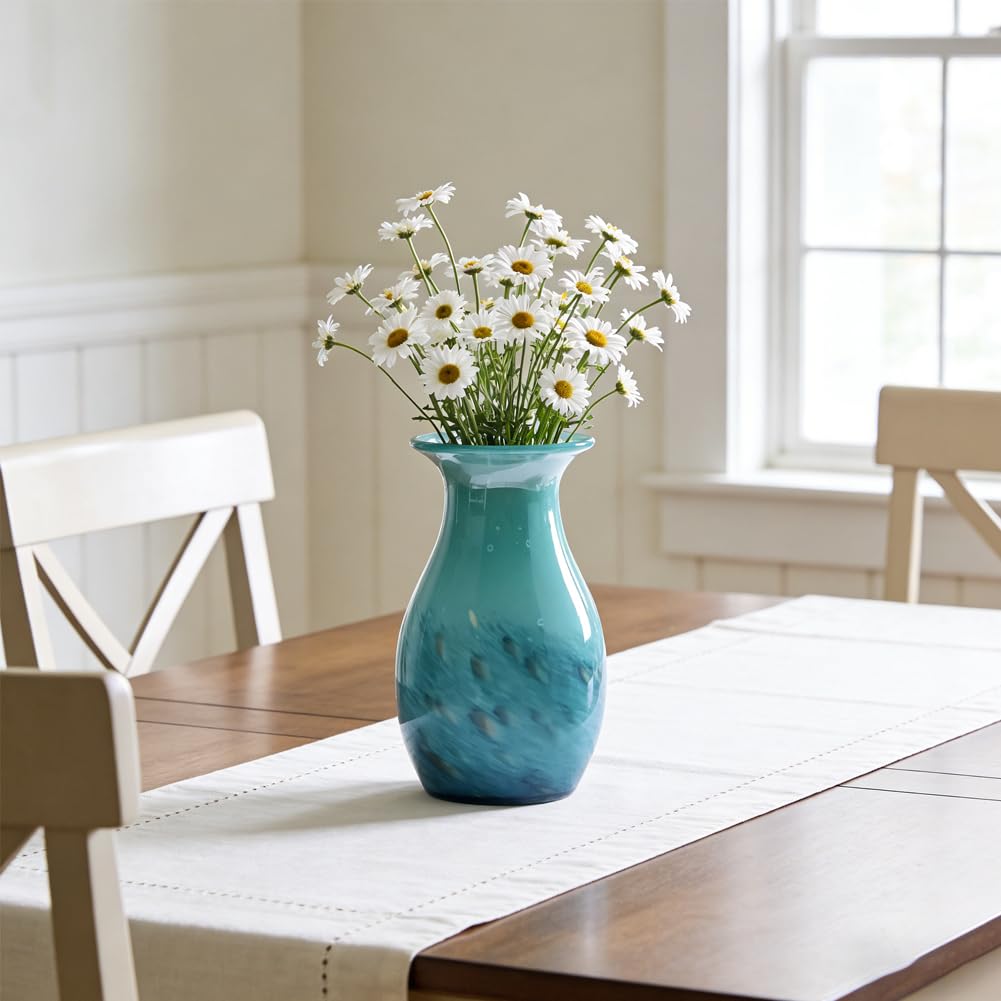 Teal Glass Vase – 11.4in Hand Blown Wide Mouth Art Glass Vase – Turquoise Decorative Vase for Flowers, Centerpieces, Bookshelf, Bathroom, Dining Table or Living Room Display