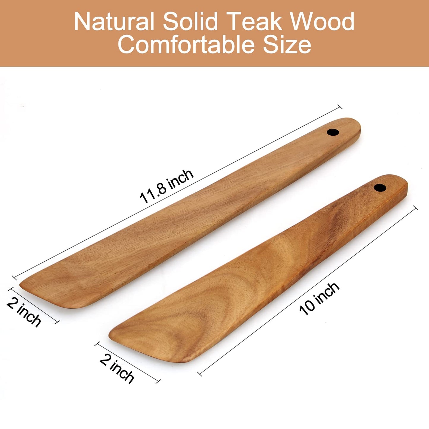 2 Pcs Teak Wooden Spatula Set Flat Spurtles Kitchen Tools Turner Small Wood Scraper Spatulas for Cooking Spoon Non Toxic Bamboo Kitchen Utensils Sourdough Stirrer Spurtle Egg Flipper Cast Iron Spatula