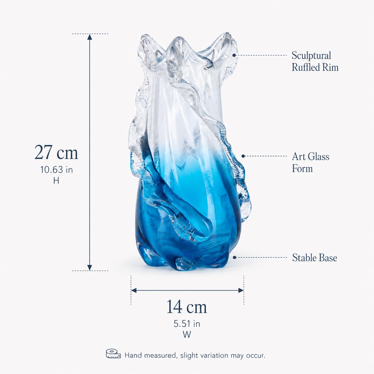 Hand Blown Blue Glass Vase, Sea Glass Ombre Wavy Coastal Vase, Murano Style Decorative Glass Vase for Home Centerpiece, Coffee Table, Living Room & Office Decor (Medium)