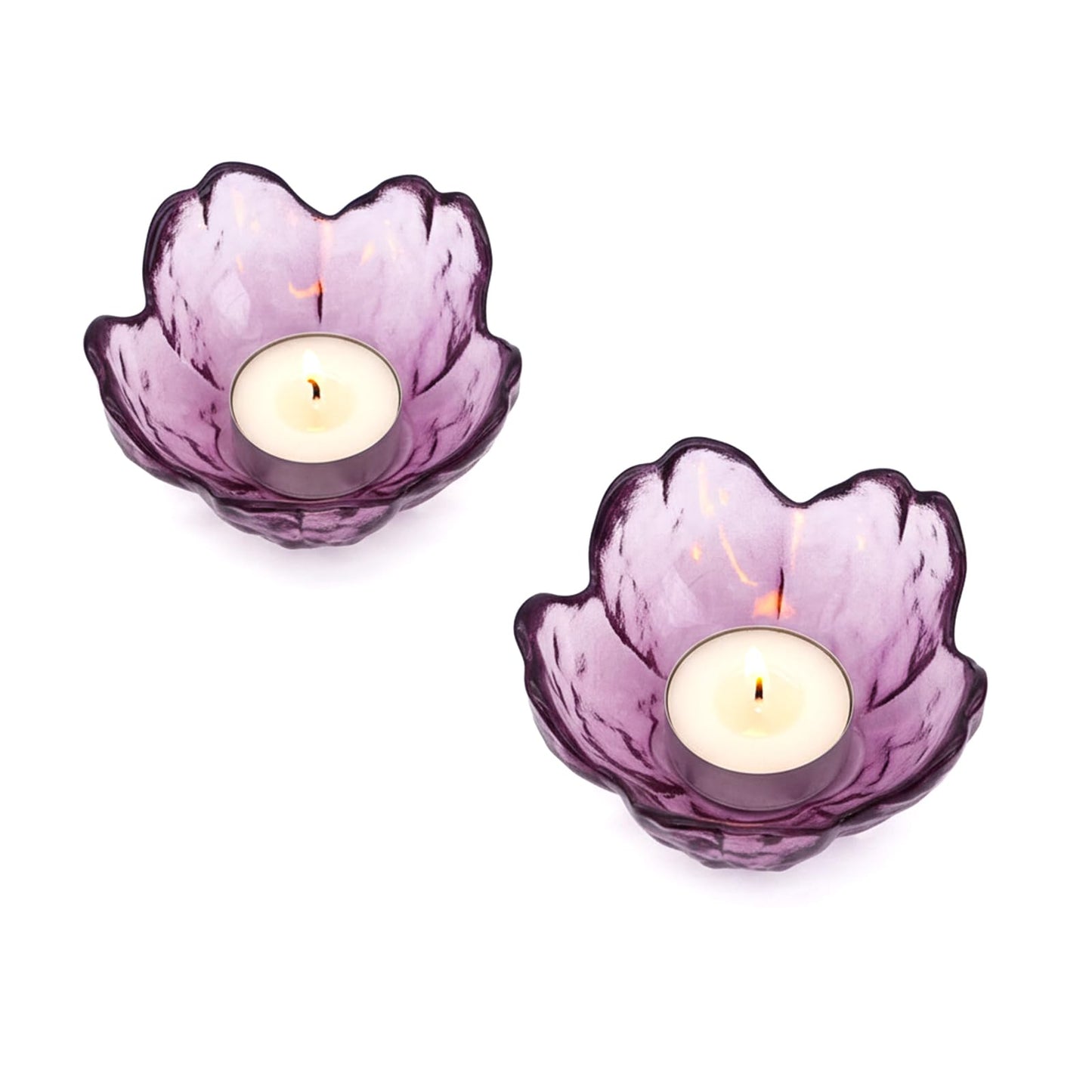 BIHOIB Glass Flower Tealight Candle Holders, Crystal Purple Pillar Candlestick Holders for Table Centerpieces, Wedding and Dinner Party (2, Crystal Purple)