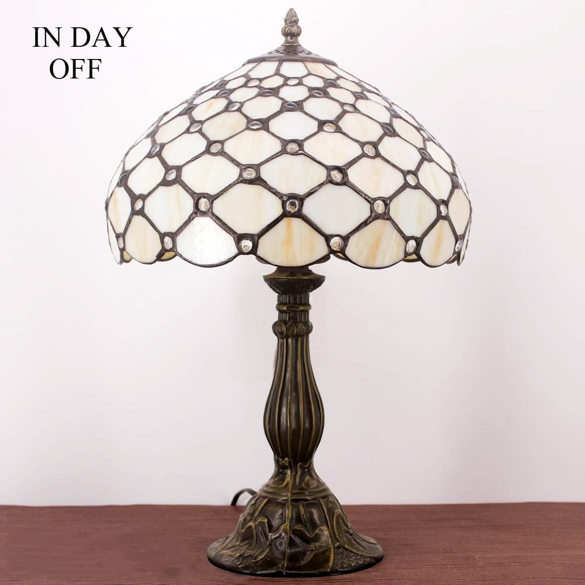 WERFACTORY Tiffany Lamp Cream Amber Stained Glass Bead Table Lamp 18 Inch
