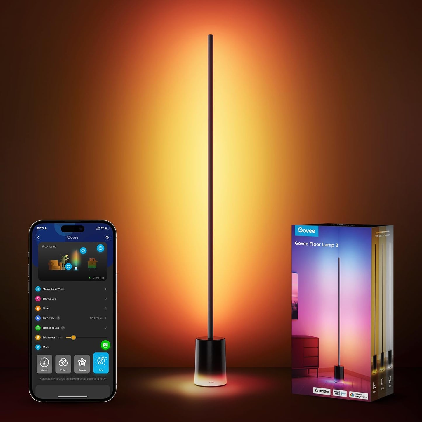 Govee Floor Lamp 2, RGBIC, Warm Cool White LED, Compatible with SmartThings, Matter, Alexa, 1725lm, Music Sync, Scene Modes, Smart Floor Lamp for Living Room, Bedroom, Black(1 Pack)