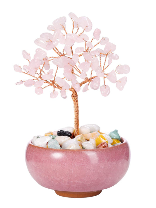 PESOENTH Rose Quartz Crystal Tree of Life Gifts for Women Mom Birthday,Pink Rose Quartz Stone Healing Crystal Gemstone Tree Pink Bonsai Trees Home Room Desk Decor Spiritual Gifts