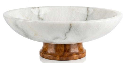 White Marble Fruit Bowl with Pedestal, 11" Large Decorative Centerpiece Bowl for Dining Table, Modern Kitchen Counter Fruit Bowl, Handcrafted Stone Marble Bowl, Luxury Home Decor Accent
