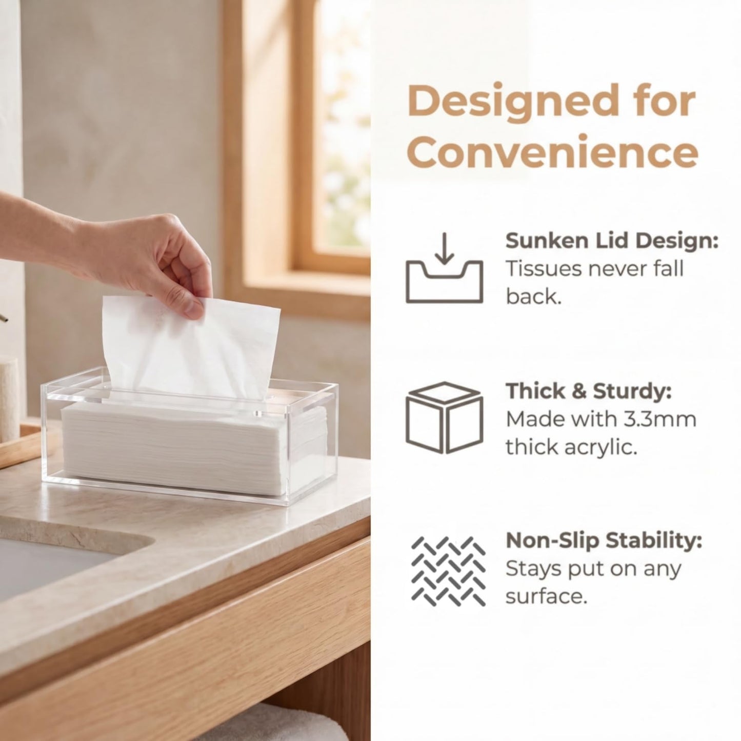 Dicunoy Acrylic Tissue Box Holder with Sinking Lid, Rectangular Facial Paper Holder with Removable Cover, Facial Napkin Dryer Sheet Dispenser for Vanity Counter, Dresser, Kitchen, Office, Bathroom