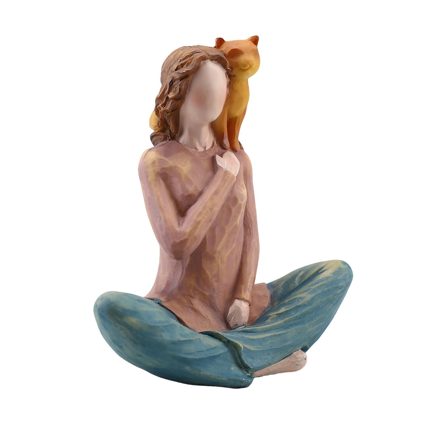 Yoga Girl with Cat Figurine, 5.1" Shelf Decor, Gift for Cat Lovers