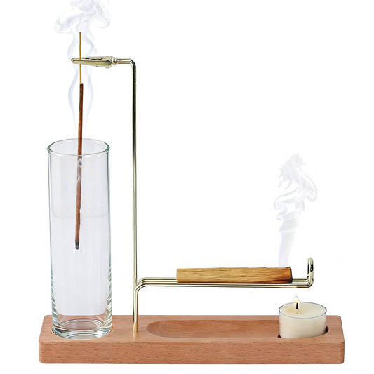 CrysDeco 3 in 1 Incense Holder for Burning Insence-Stick & Palo Santo & Sage Sticks, Hanging Upside Down Incense Stick Burner with Glass Ash Catcher, Lasting Burning Palo Santo Sage Burner for Altar