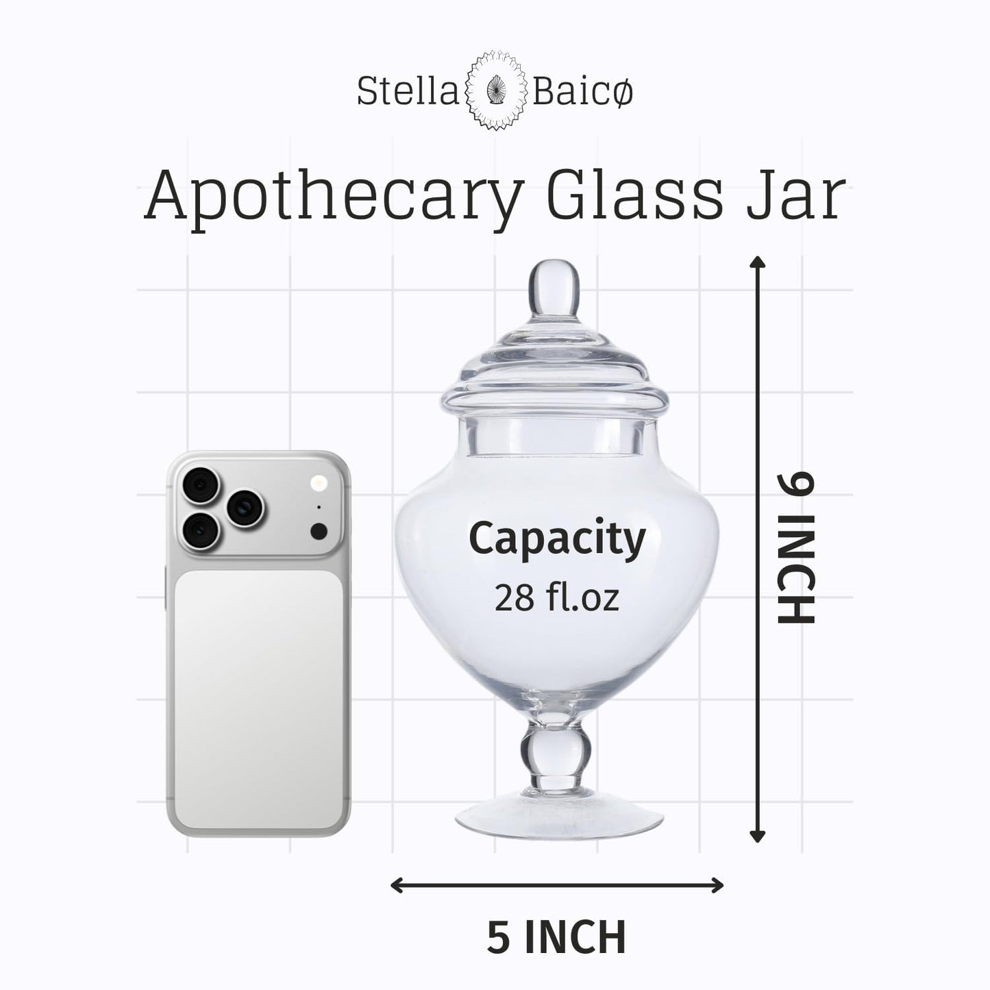 Stella Baic Small Heart-Shaped Glass Apothecary Jars with Lids, Clear, 28 Fl. Oz (9" H x 5" D), Perfect for Candy Buffet, Home Decor, Bathroom Storage, Wedding Party