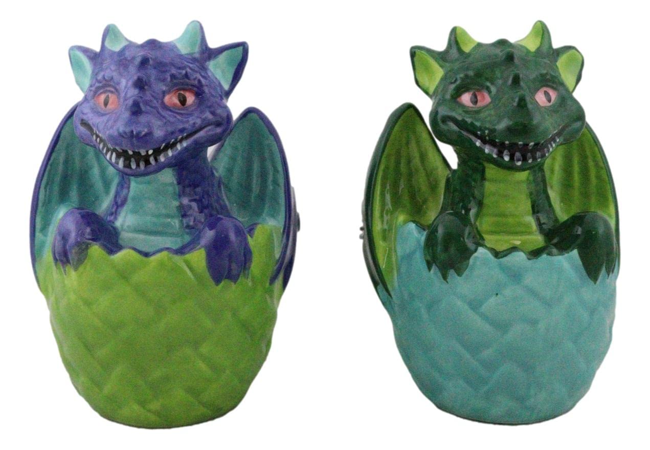 Ebros Gift Fantasy Flying Beasts Green And Blue Dragon Hatchlings In Half Cracked Eggs Decorative Salt Pepper Shakers Set Ceramic Figurines