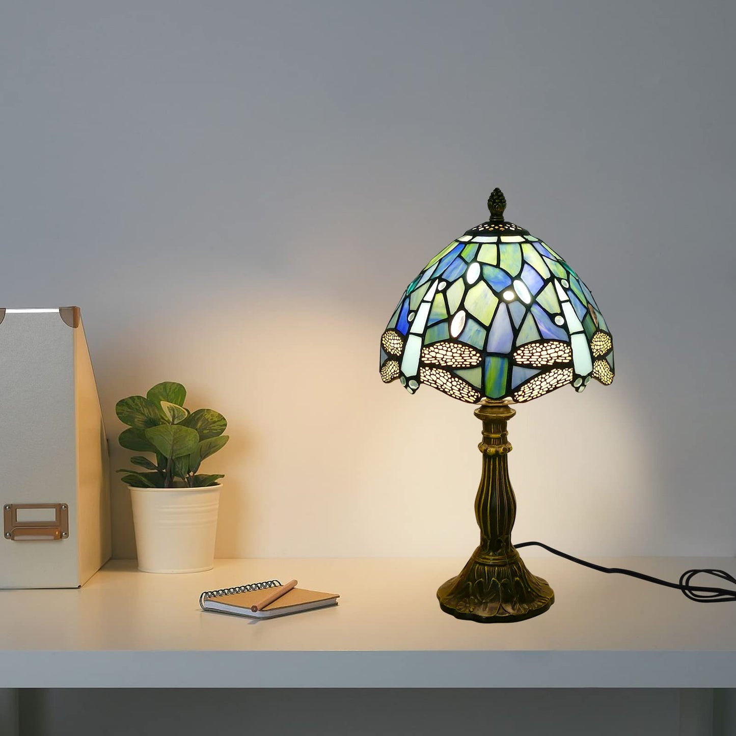 VirtueKing Tiffany Lamp Sea Blue Stained Glass Table Lamp 8X8X15 Inches Dragonfly Style Desk Reading Light Decor Beside Table Lamp for Bedroom Living Room Home Office