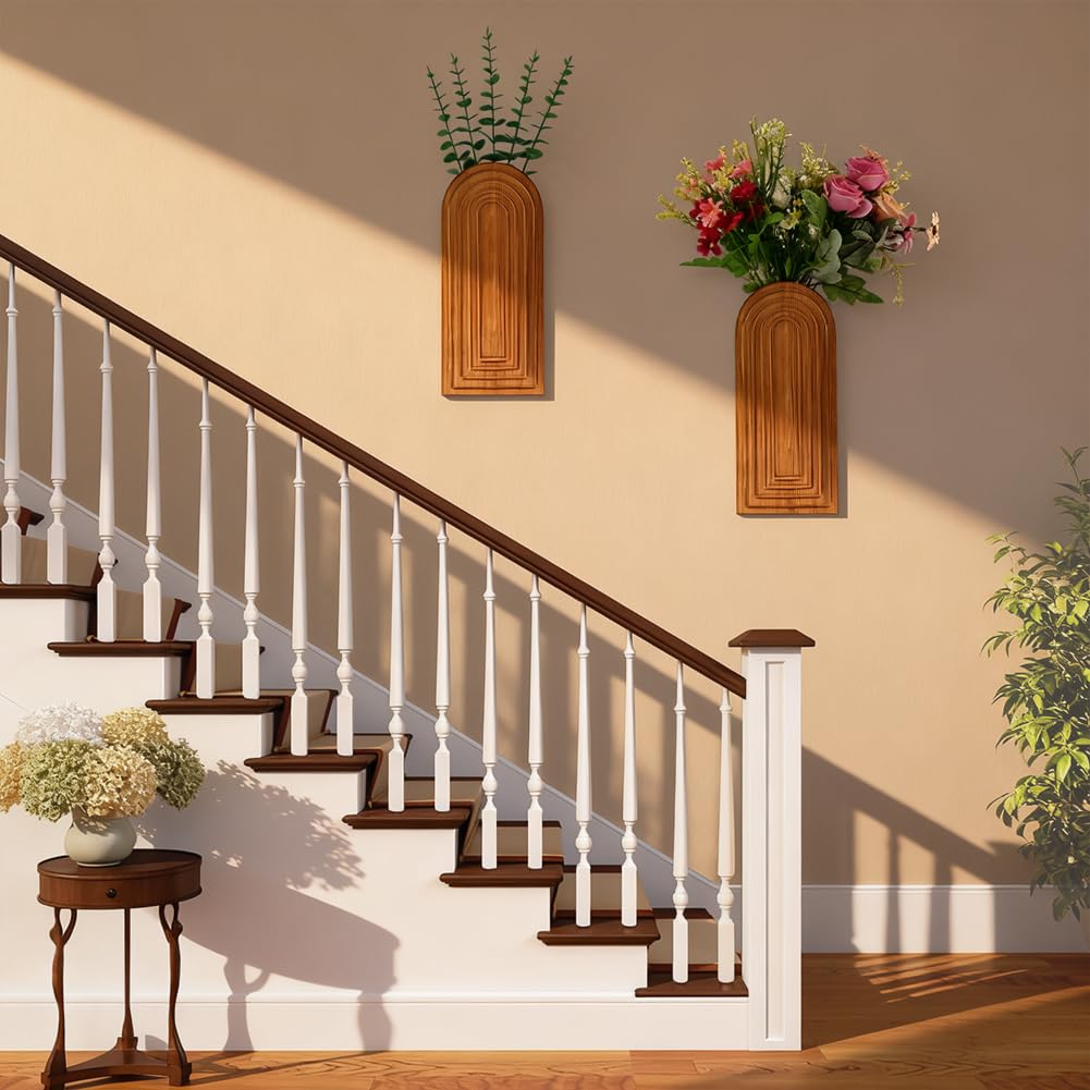 Set of 2 Wooden Wall-Mounted Vases for Dried Flowers, Boho Hanging Planters with Invisible Nails, Modern Farmhouse Home Decor for Living Room, Bedroom, Entryway, Bathroom