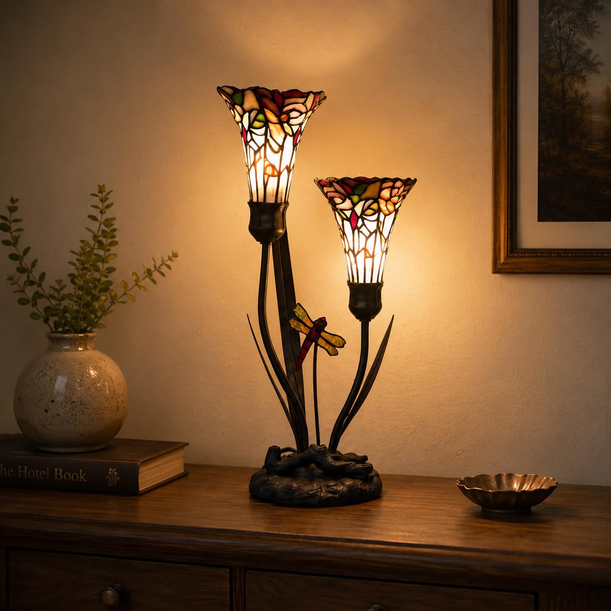 Bieye L10620 Lily Flowers and Dragonfly Tiffany Style Stained Glass Accent Table Lamp, 19-inch Tall