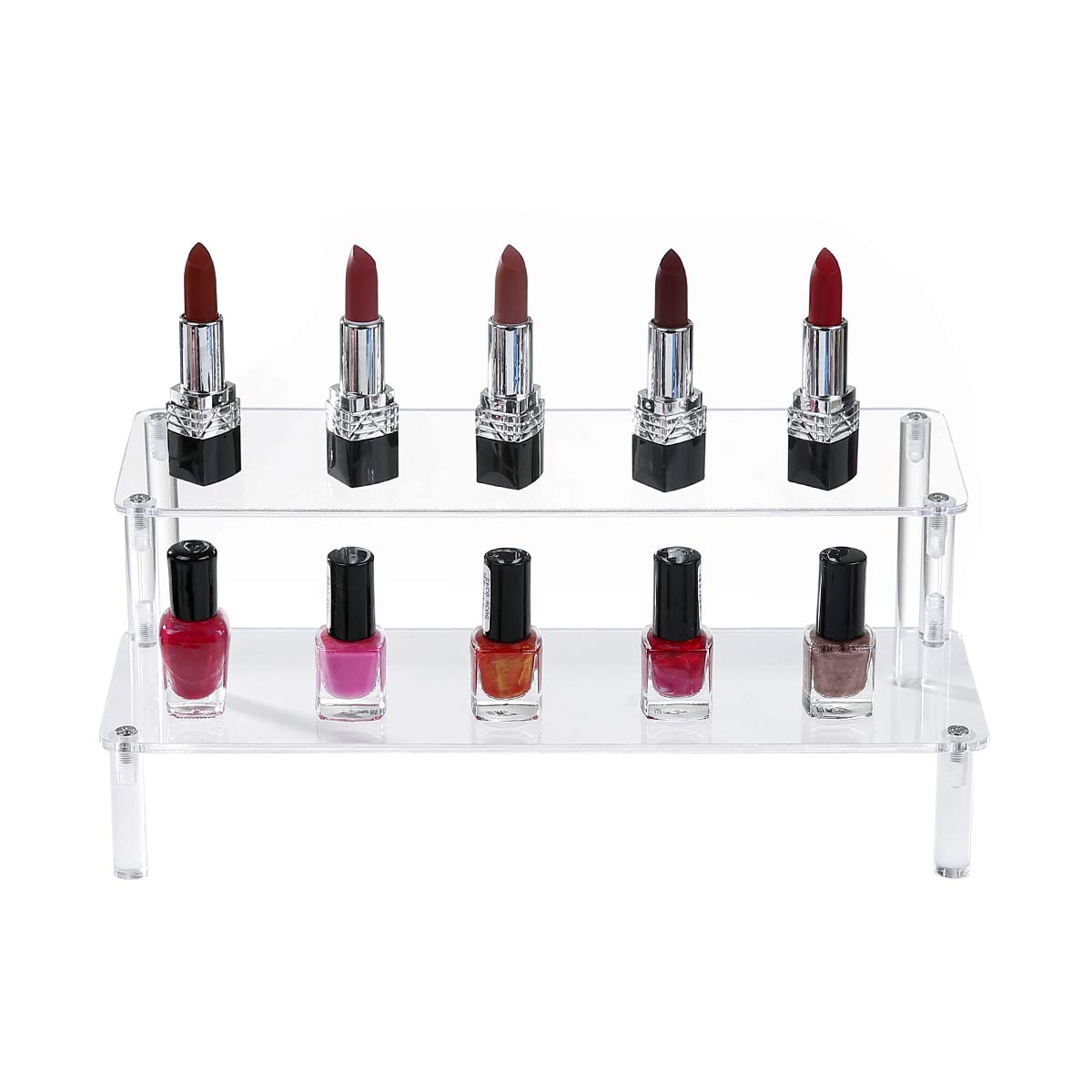 BYCY Acrylic Clear 2-Tier Riser Display Shelf for Figures, Desserts Holder, Collections Organizer and Cosmetic Items Shelf (12" x 6.9" x 4.25")