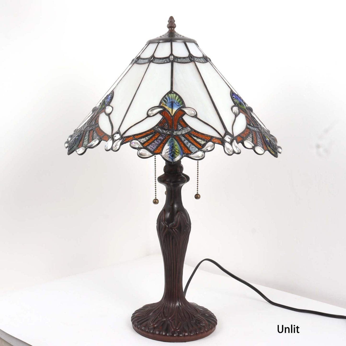 Bieye L10025 Baroque Tiffany Style Stained Glass Table Lamp with 17 inches Wide Handmade Lampshade for Bedside Bedroom Living Room, 26-inch Tall (White)