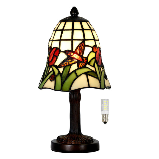 HomeBeauty TL0039 Tiffany Style Mini Table Lamp,Handmade Stained Glass Hummingbird Tulip Accent Lamp,W 6" x H 11.75" Small Desk Lamp for Bedroom Living Room,Nightstand,Coffee Table, LED Bulb Included