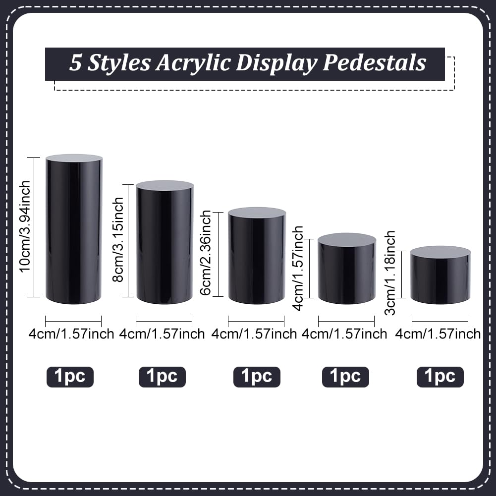 BENECREAT 5Pcs Black Acrylic Display Block 1.2/1.6/2.4/3.2/4 Inch Round Cylinder Solid Display Pedestal Stand for Jewelry Gem Display Pop Figures Cosmetic Showing