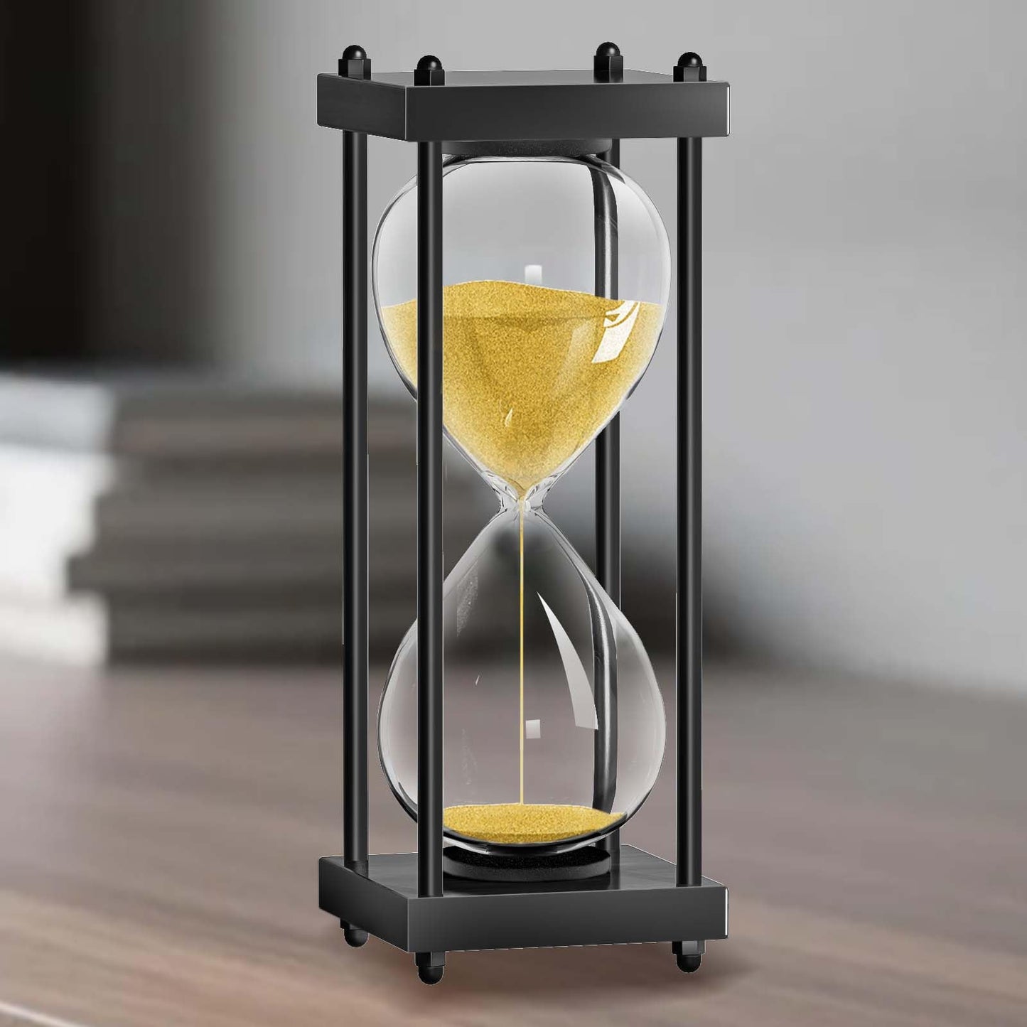 60 Minutes Hourglasses Timer: Large Black Wooden Gold Sand Timer Clock, Reloj De Arena 1 Hora, Sand Watch 60 Min, 1 Hour Sandglass for Home Office Desk Decorative (Gold Sand)