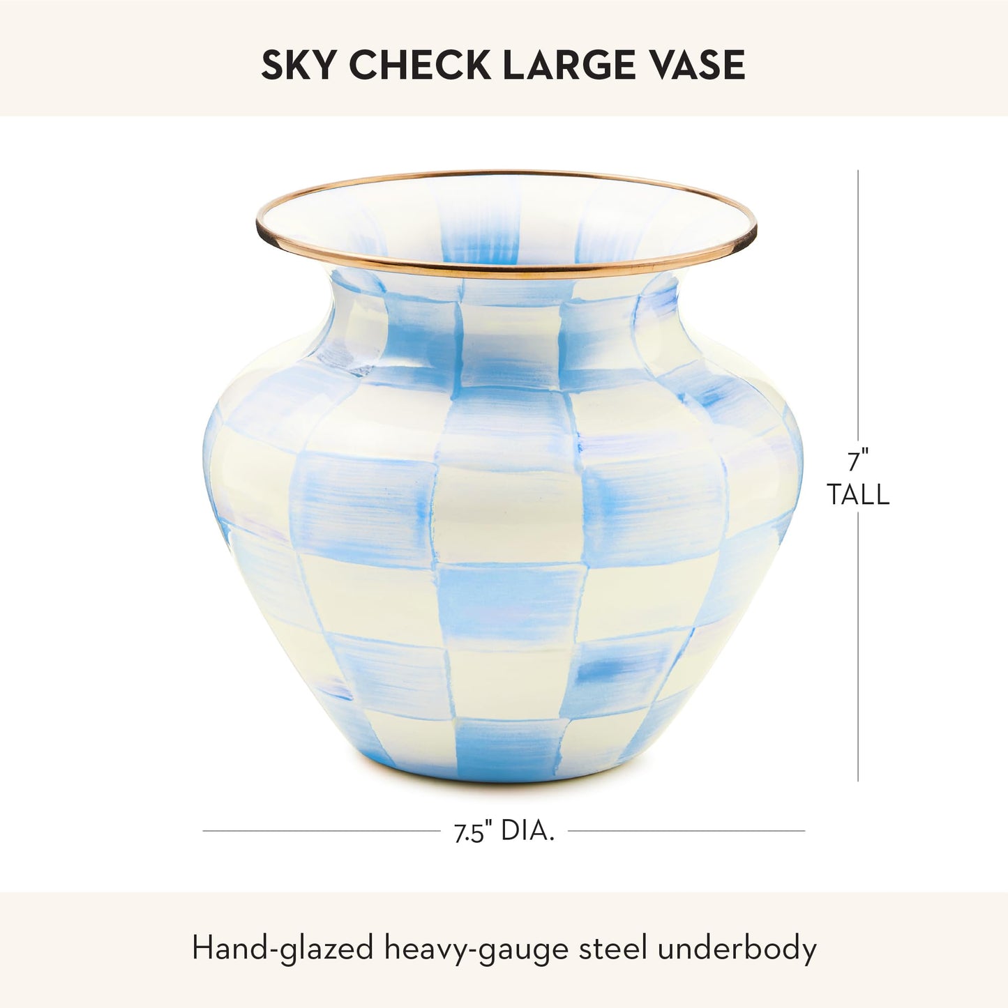 MACKENZIE-CHILDS Enamel Vase, Unique Flower-Vase Decor for Living Room, Large, Light-Blue-and-White Sky Check