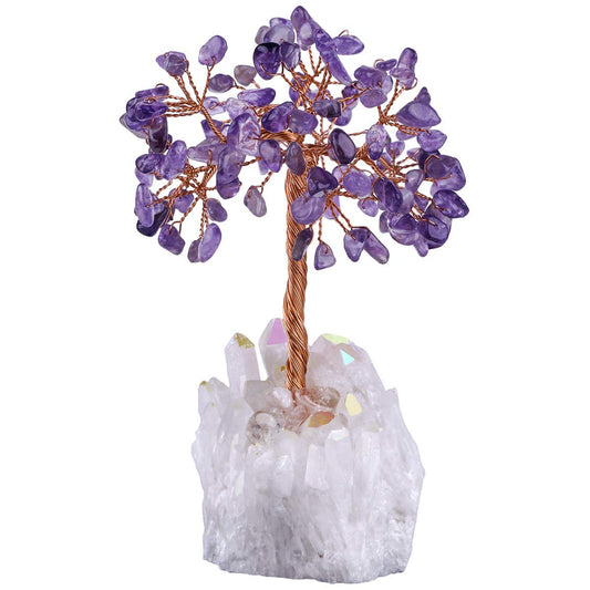 TUMBEELLUWA Healing Crystal Stone Money Tree with White AB Crystal Base Tumbled Stones Bonsai Home & Office Feng Shui Decor for Good Luck and Wealth, Amethyst
