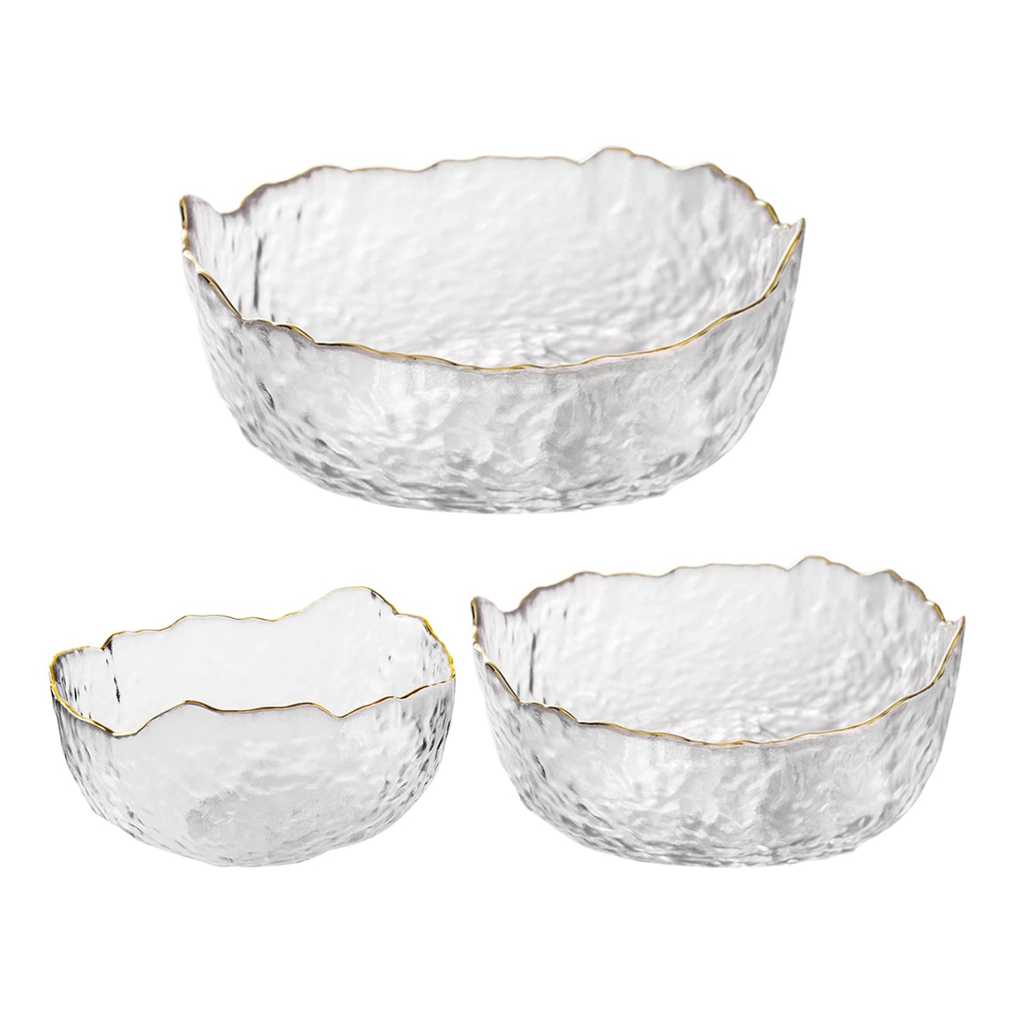 OBR KING Glass Salad Bowl Set of 3 Phnom Penh Mixing Bowls Irregular Shape Serving Containers for Kitchen Prep Fruit Pasta Popcorn and Snack