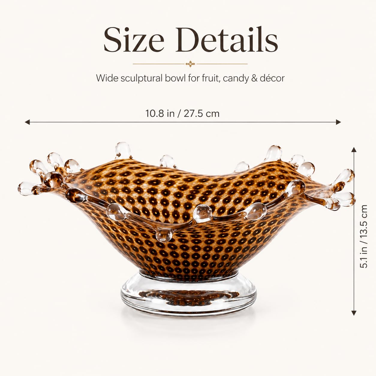 XMGZQ Hand Blown Glass Fruit Bowl,Ocean Wavy Art Glass Centerpiece,Coastal Wave Inspired Amber Dot Bowl for Kitchen,Living Room,Ideal Gift for Home & Art Lovers (Amber, 10.8in)