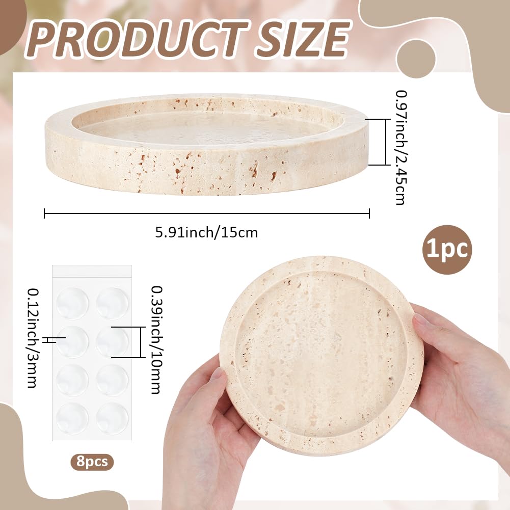 EVERJOYCRAFT Natural Travertine Candlestick Holder 6'' Diameter Round Stone Jewelry Display Plate 1'' Thick Candle Tray with 8 Adhesive Silicone Bumper Minimalist Modern Plate Holder Home Decor