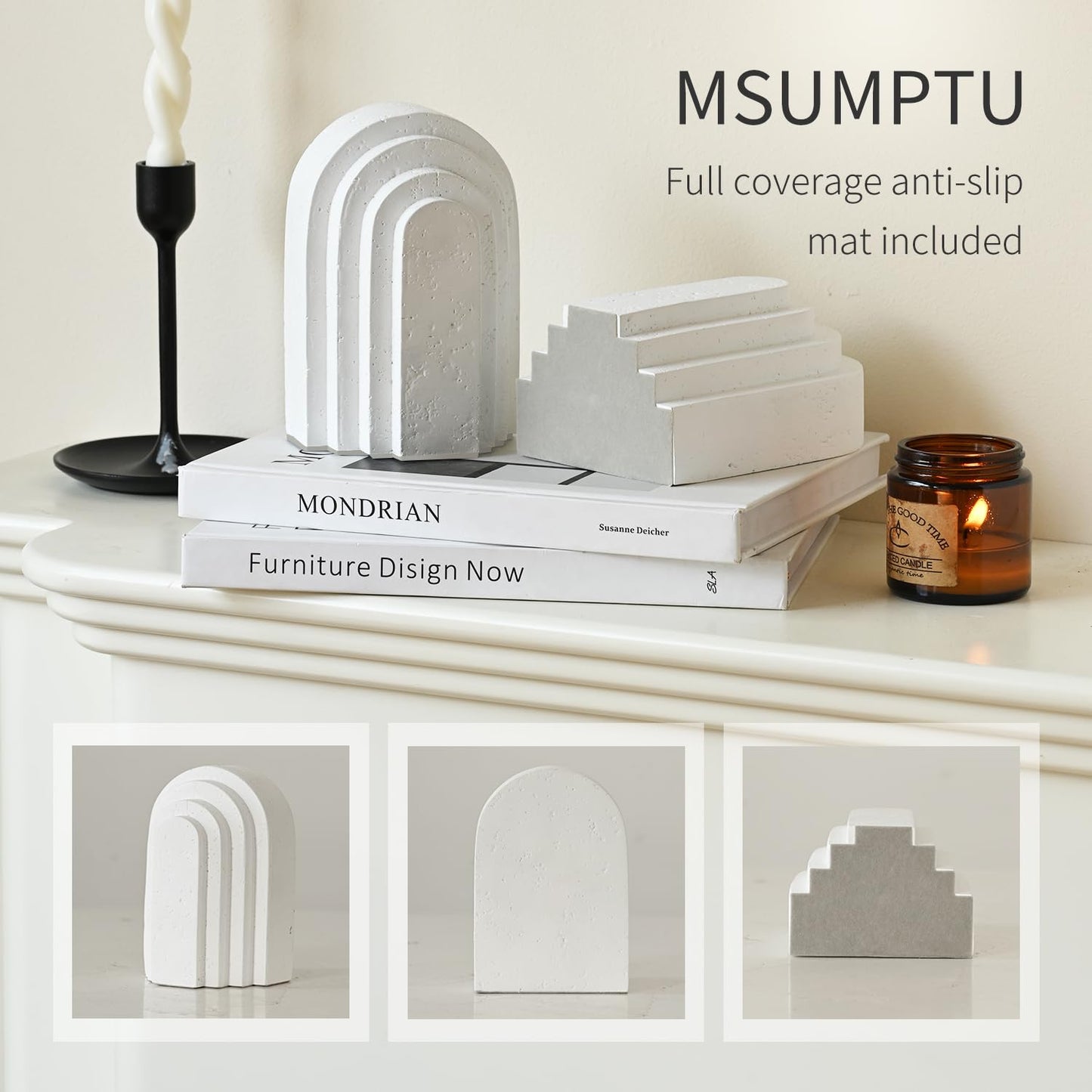 Decorative Bookends for Shelves, Set of 2 Book Ends for Heavy Books, Layered Arch Design White Bookend