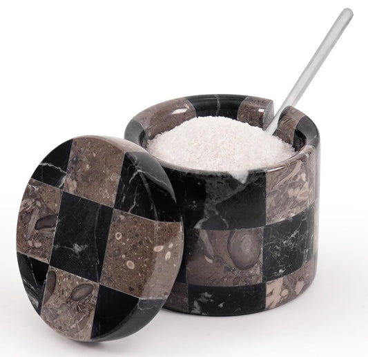 Marble Salt Cellars with Lid and Spoon 3" Black and Oceanic Stone Containers for Kitchen Countertop Storage, Ideal Use For Spice Jars, Sugar Bowl, and Easter Decorations Kitchen