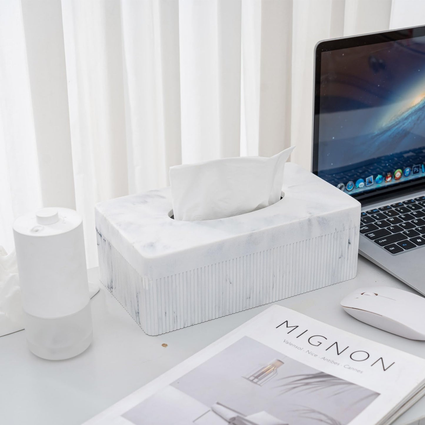 Marble Tissue Box Cover, Rectangular Napkin Facial Tissues Holder for Home Office, Hand Poured Marble Tissue Box Holder, 10 x 5.7 x 3.7 inches, White