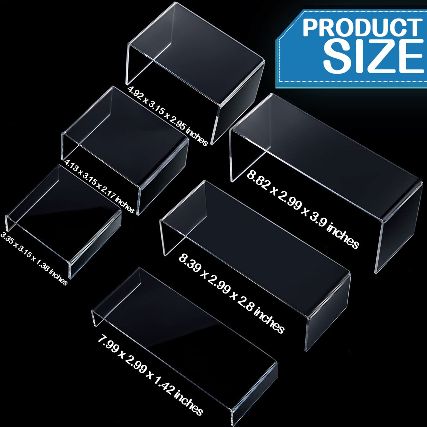Sintuff 36 Pcs Acrylic Risers Clear Rectangular Display Stands ( 3.4”L~4”L~5”L) Showcase Collectibles Display Stands for Figures Perfume Organizer, Figures, Jewelry, Dessert, Cupcake